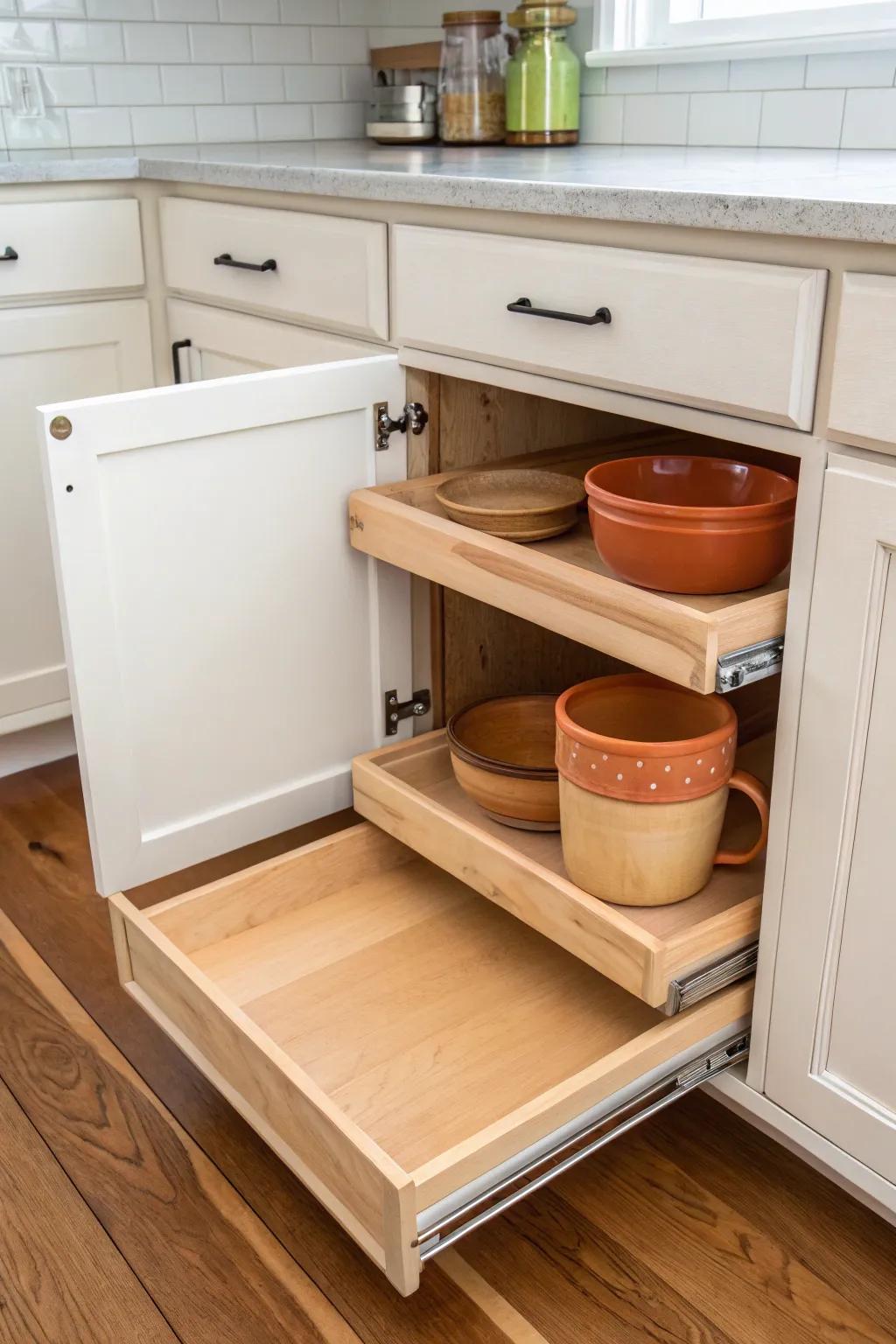 DIY slide-out shelf for deep upper corner cabinets—smooth access, clean lines, and warm wood beauty.