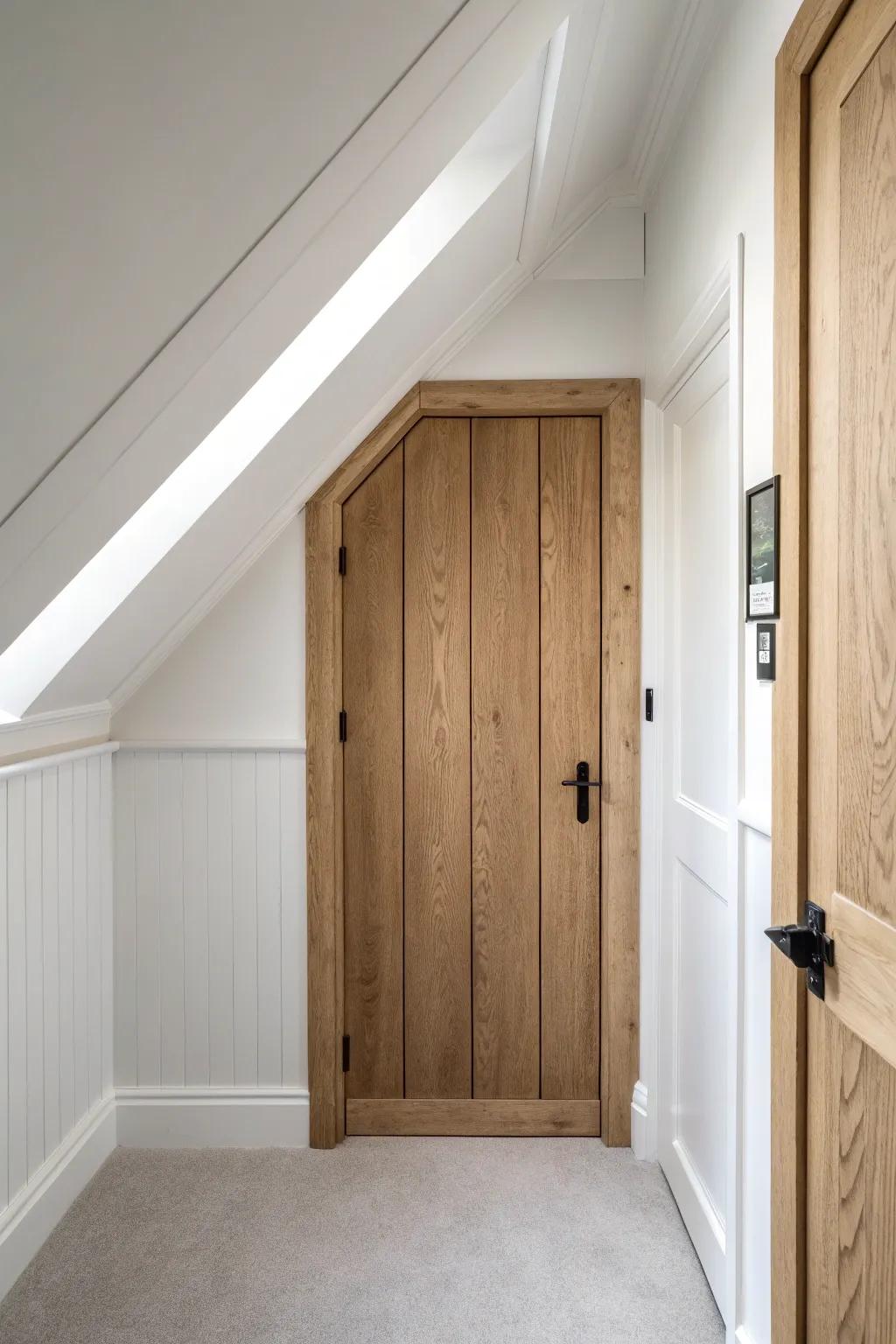 A seamless attic door hidden in matching wood paneling—clean lines, warm oak, zero visual clutter.