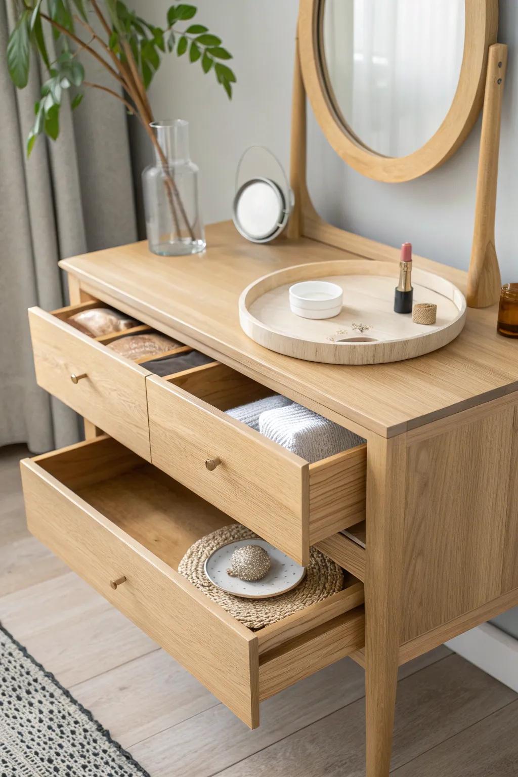 A secret pull-out vanity desk hidden in a dresser—minimal, chic, and beautifully functional.