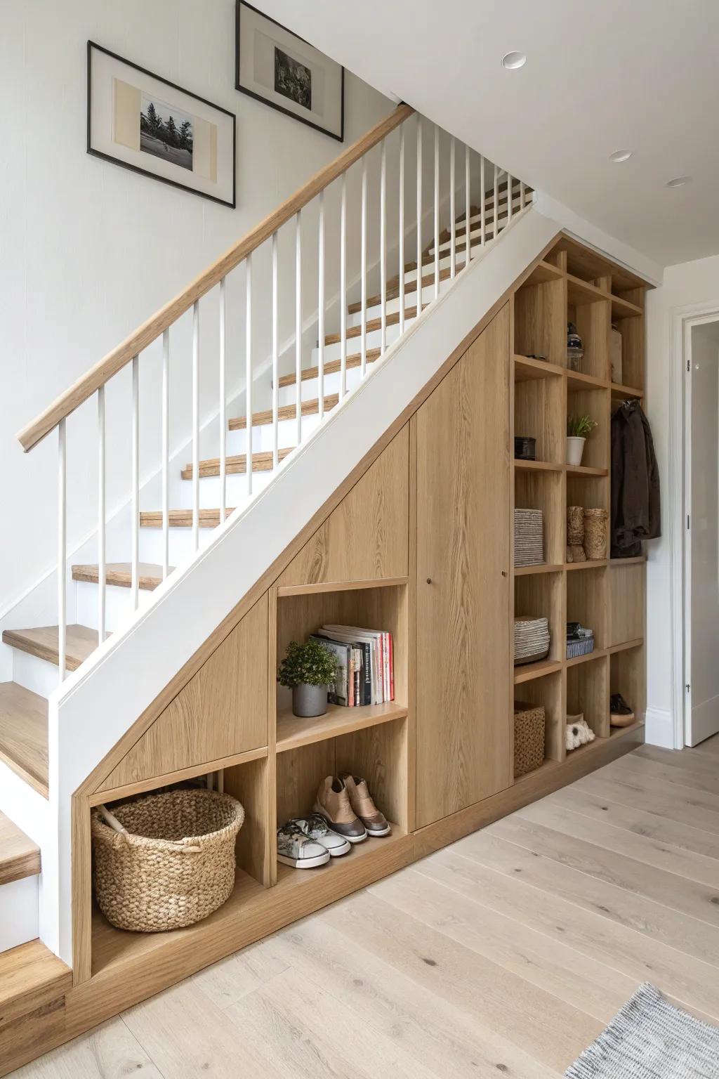 Turn the awkward stair slope into a chic vertical cubby wall for shoes, bins, and books.