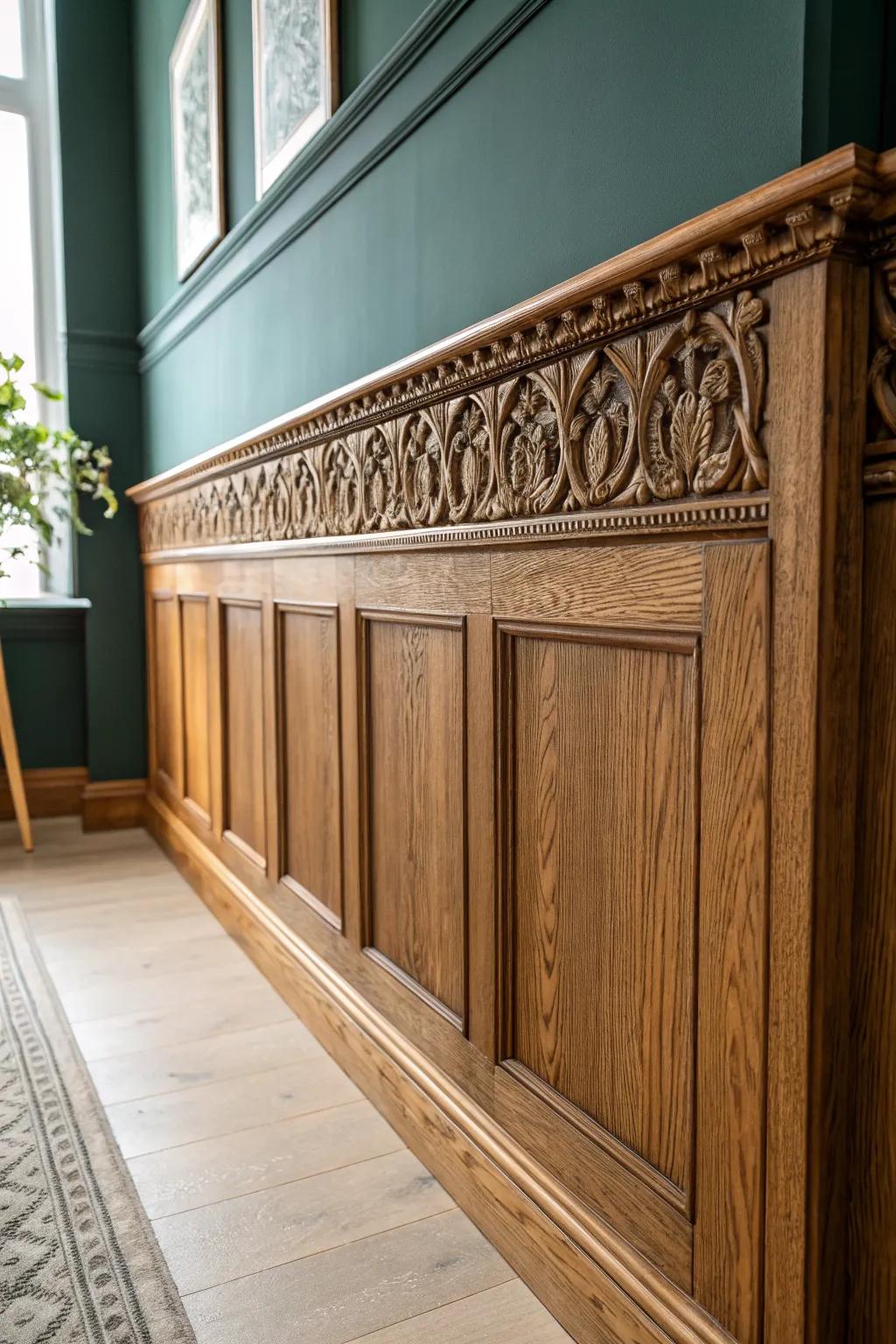 Moody walls, bright trim—make Victorian carved woodwork pop with timeless contrast.