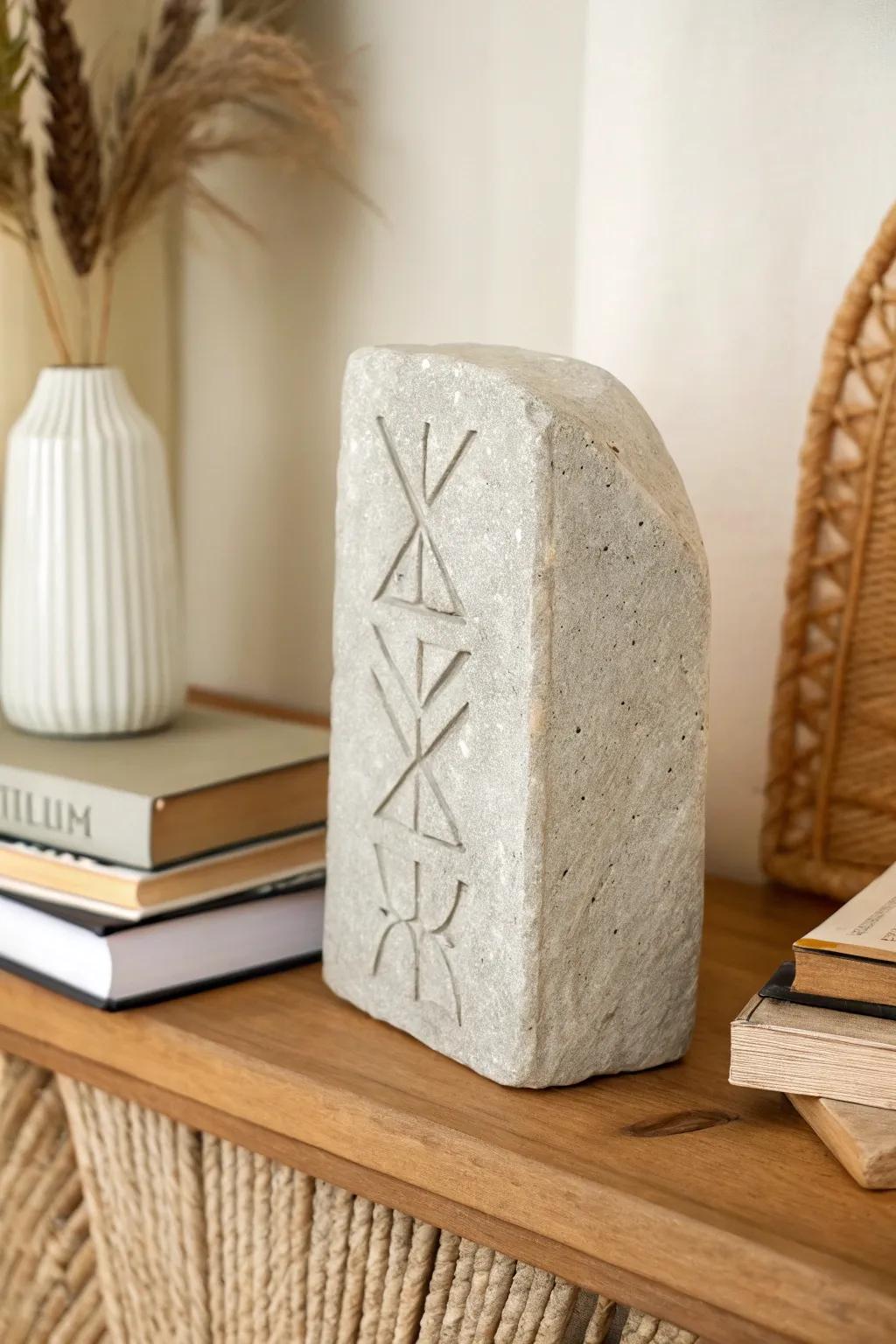 DIY rune-stone bookend: cool concrete contrast on warm oak for subtle Viking vibes.