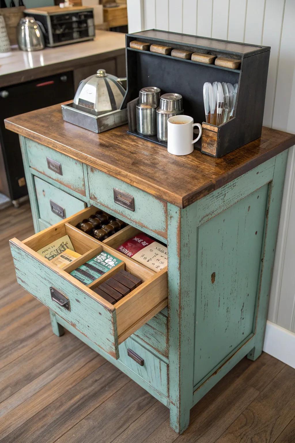 A vintage tool chest becomes the chicest coffee bar—perfect drawers for filters and spoons.