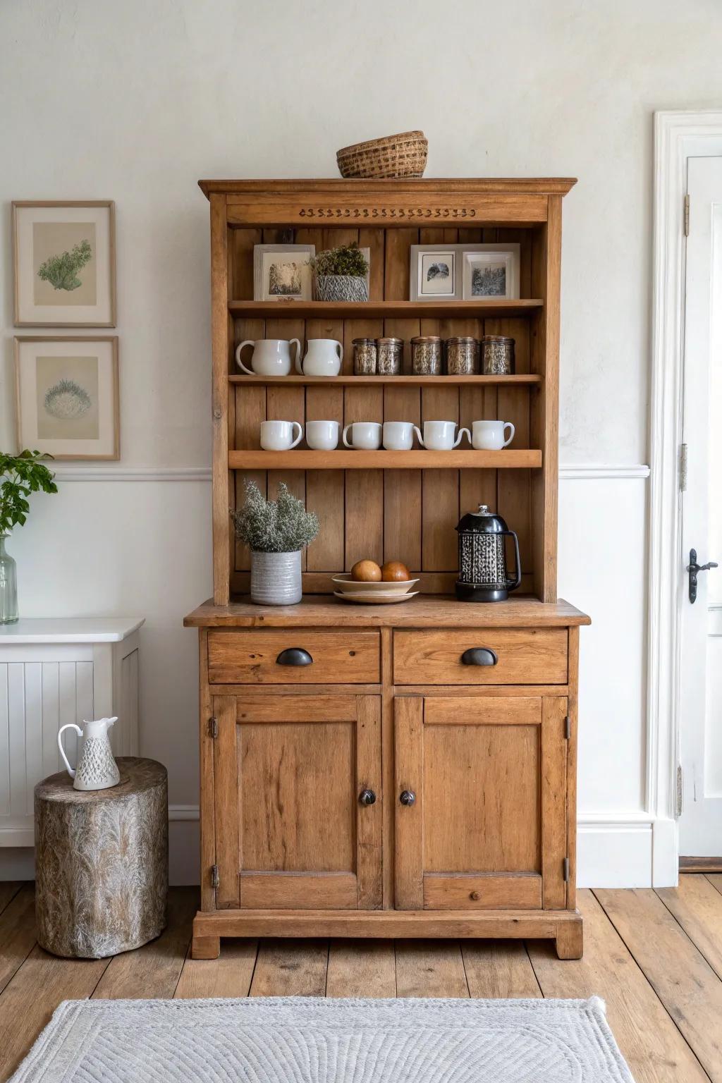 Antique hutch coffee station with rich patina, clean styling, and a bold terracotta pop.