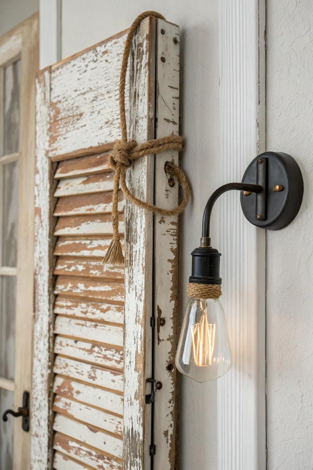 Vintage shutters as sconce backplates—instant cottage character with bold contrast and warmth.