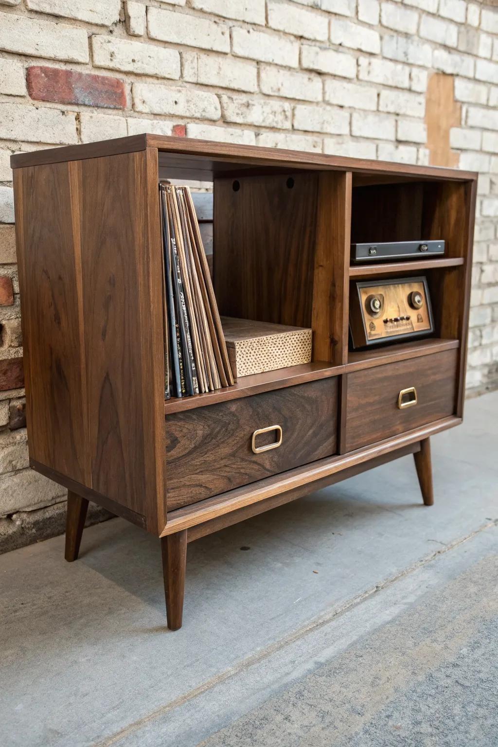 Vintage TV stand with record cubbies—dark stain, brass pulls, and a cozy music-corner vibe.