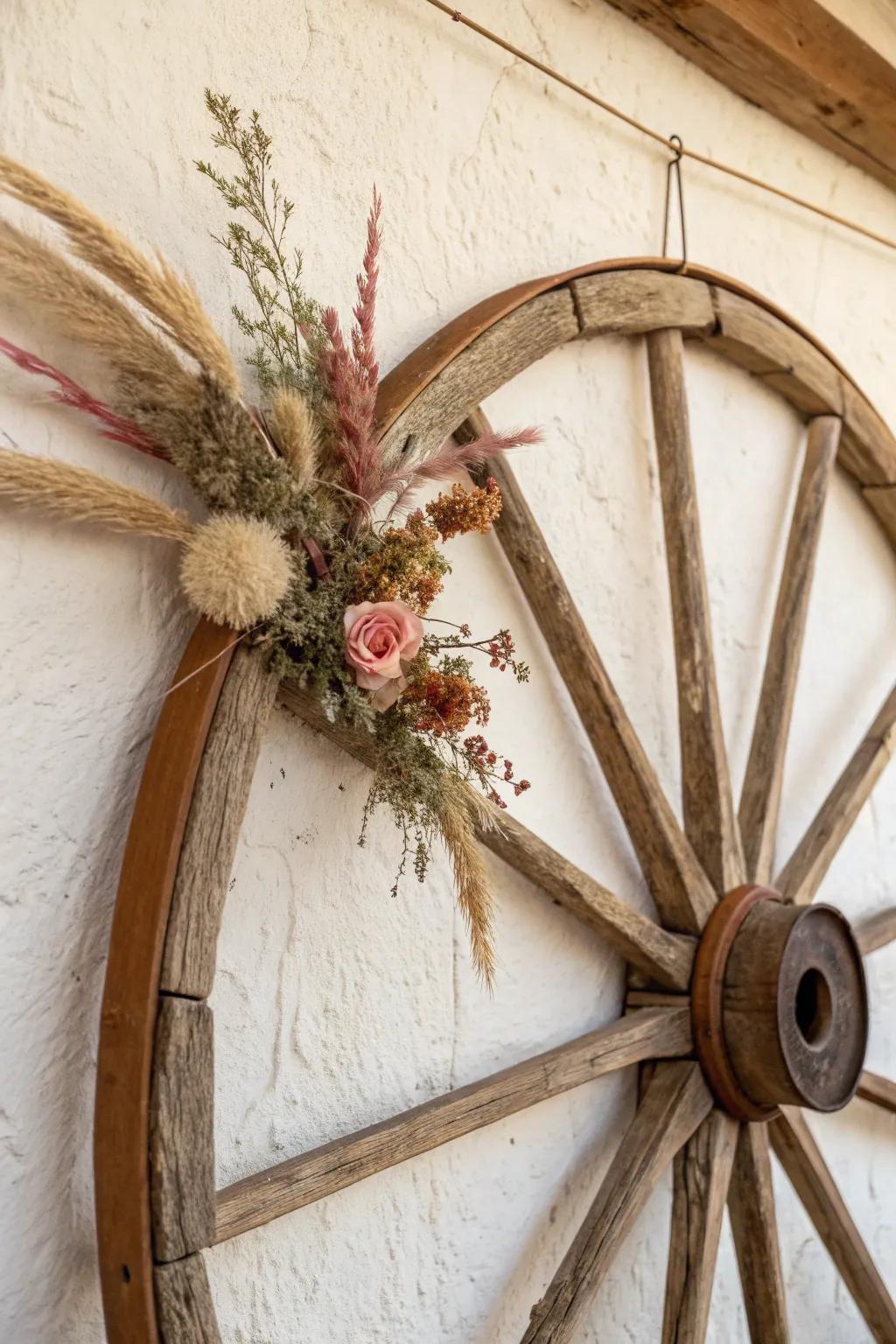 Wire-wrapped wagon wheel with dried florals—airy rustic wall decor with bold boho accents.