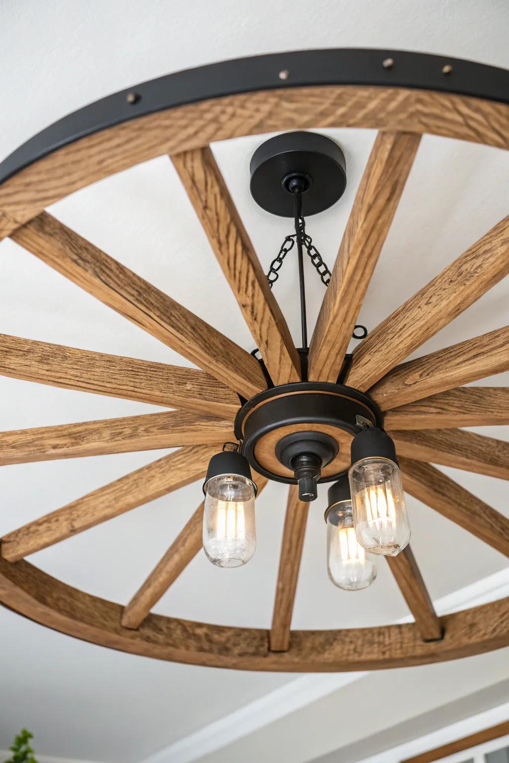 Airy wagon-wheel fan-light look: slim bulbs, bold spokes, bright center glow for height.