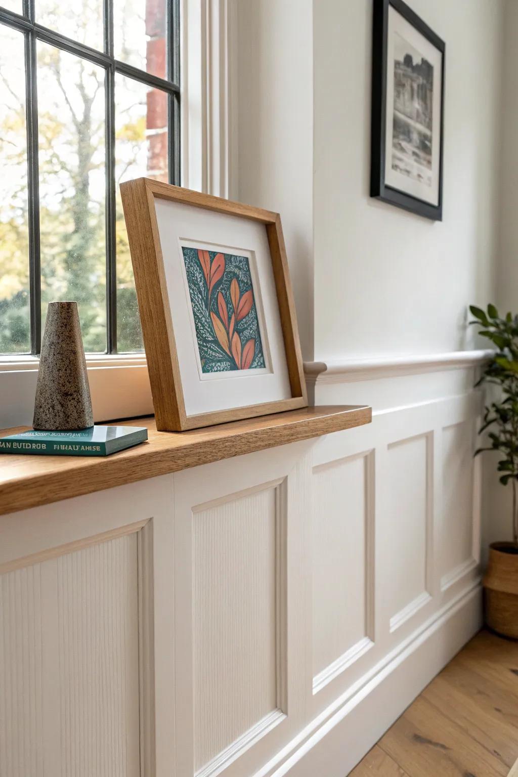 A slim wainscoting ledge cap holds art without nail holes—big style for a small living room.