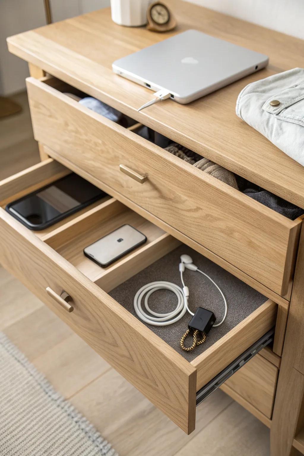 Hidden charging drawer: close the clutter, keep every device powered and ready in your closet.