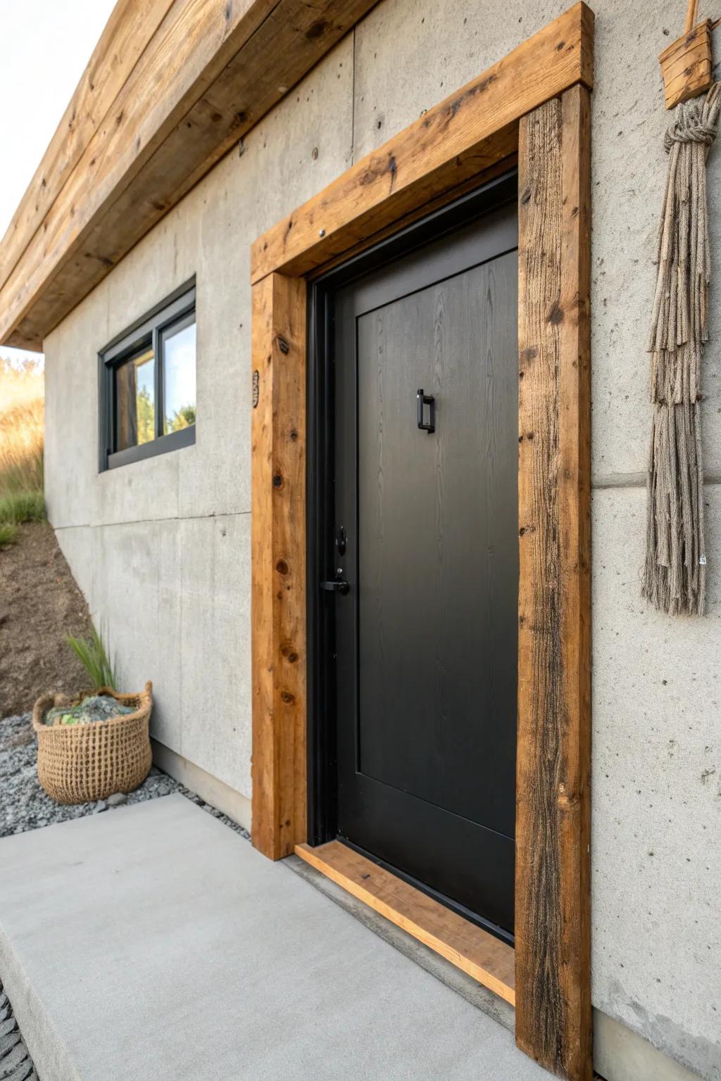 Chunky reclaimed wood trim adds warmth and handcrafted character to a walkout door.