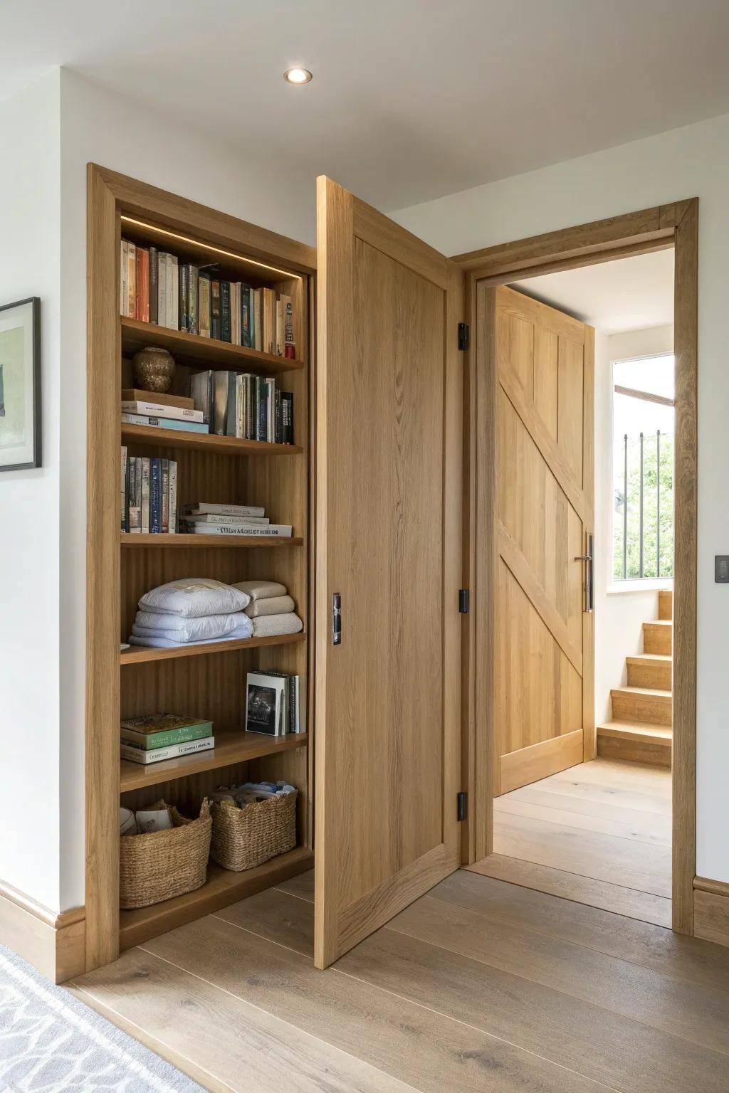 A hidden bookcase door at the basement stairs—Scandi minimalism with a bold, secret-passage twist.