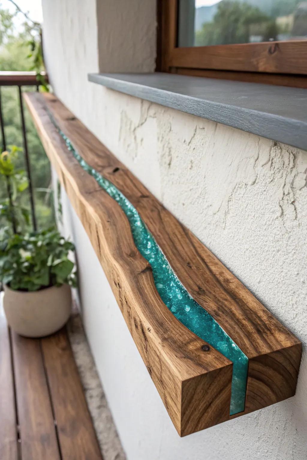 A rustic wall beam elevated by a sleek resin “river” inlay—minimal, bold, and artful.