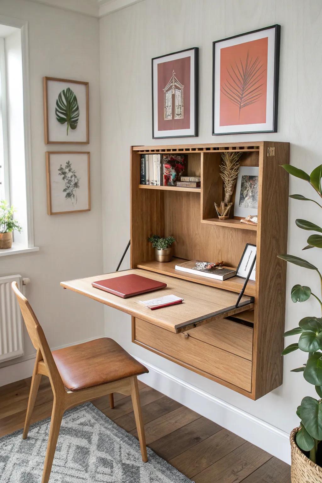 Flip-down wall desk disguised as art—clean oak, hidden hinges, and a bold terracotta surprise.