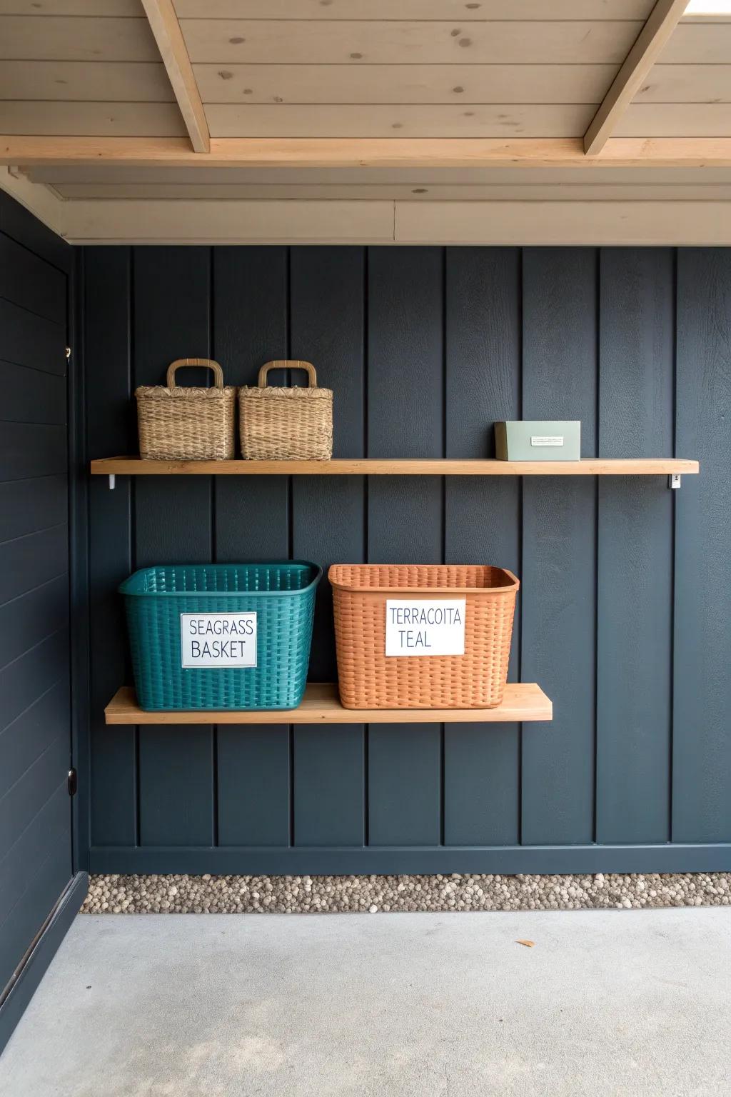 Built-in label rails make wall-mounted garage shelves calm, chic, and instantly easy to find.