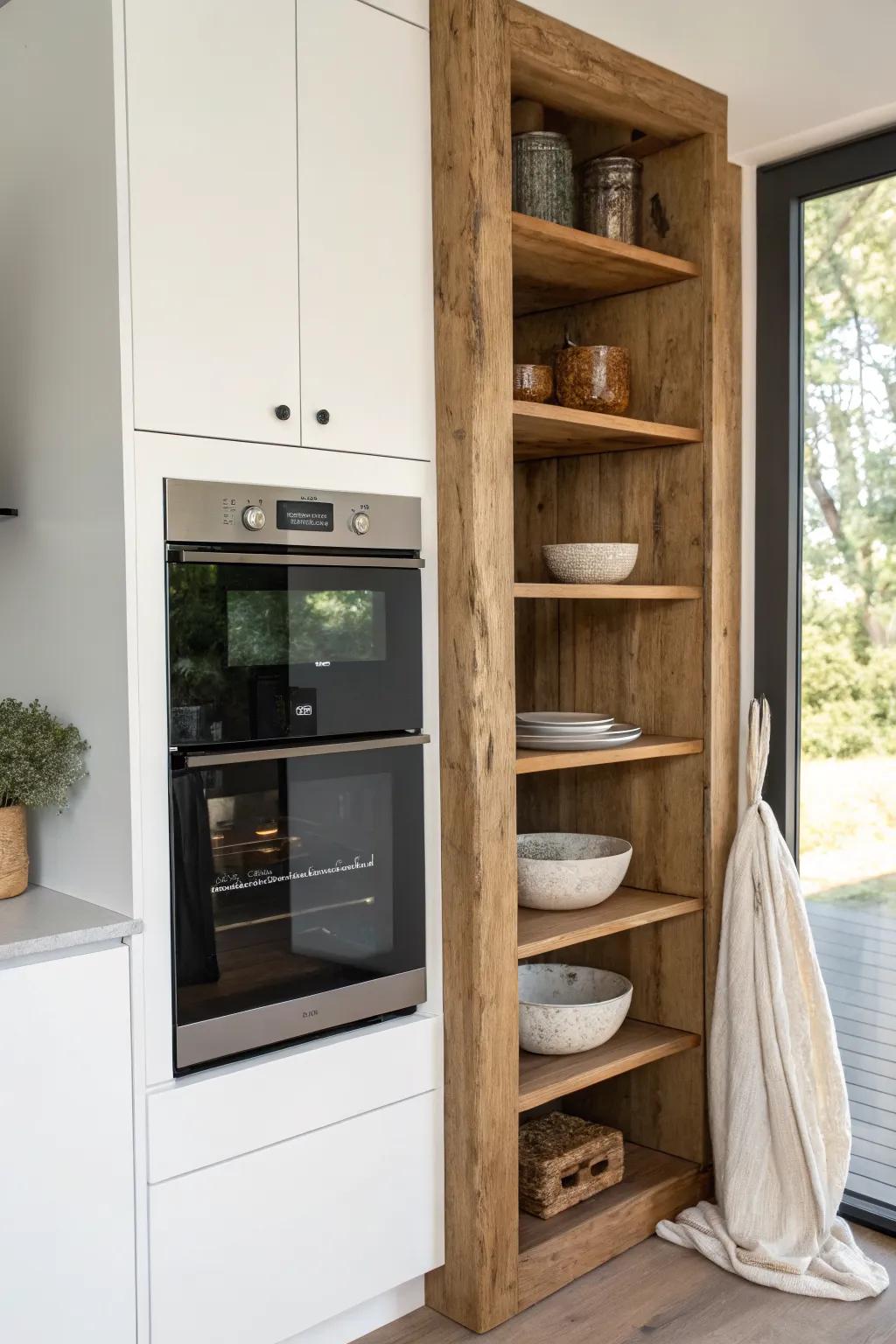 Wall oven tower + reclaimed-wood open shelves—minimal lines, cozy contrast, display-ready.