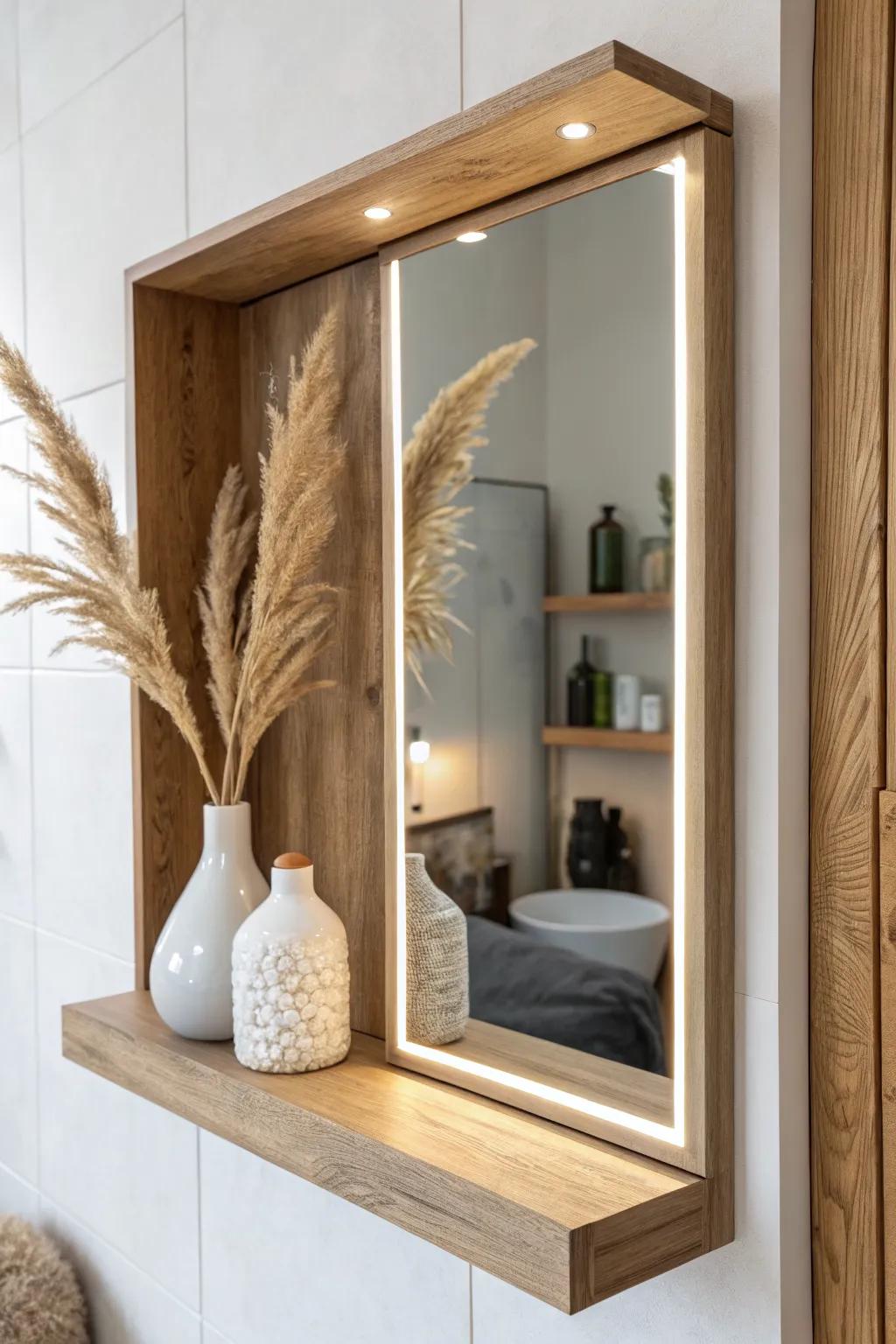 Mirror-backed shelf + warm LED glow: a simple trick that makes corners feel brighter and deeper.
