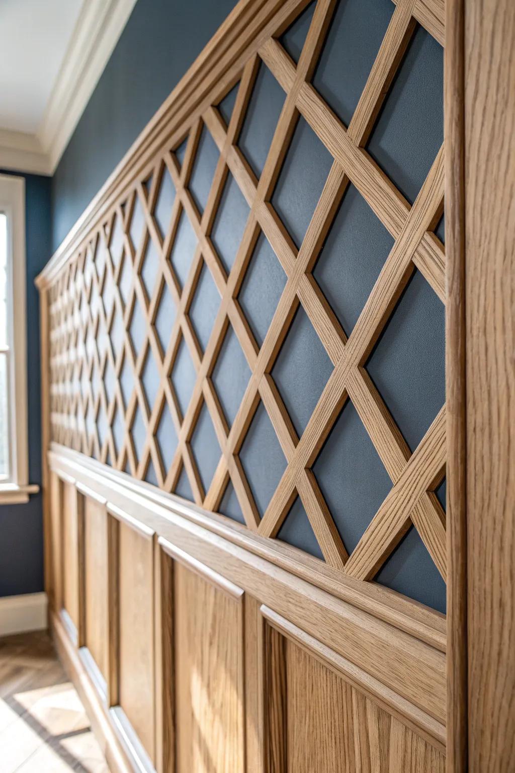 Diagonal lattice molding makes a simple wall look like custom design—bold, clean, and handcrafted.