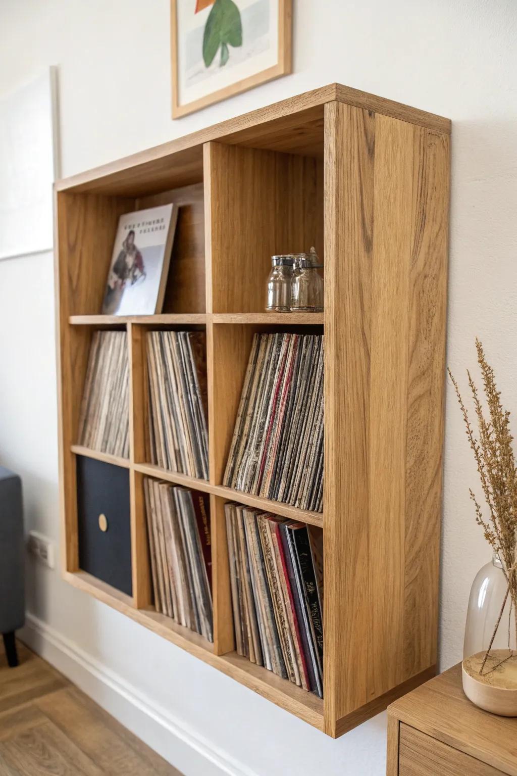 Light oak record grid wall unit with bold album covers—minimal, boho, and beautifully crafted.