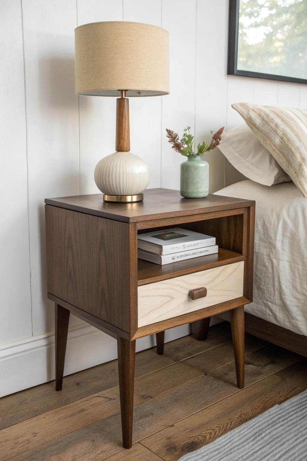 Dark walnut + light oak accents: a bedroom mix that feels warm, airy, and beautifully balanced.