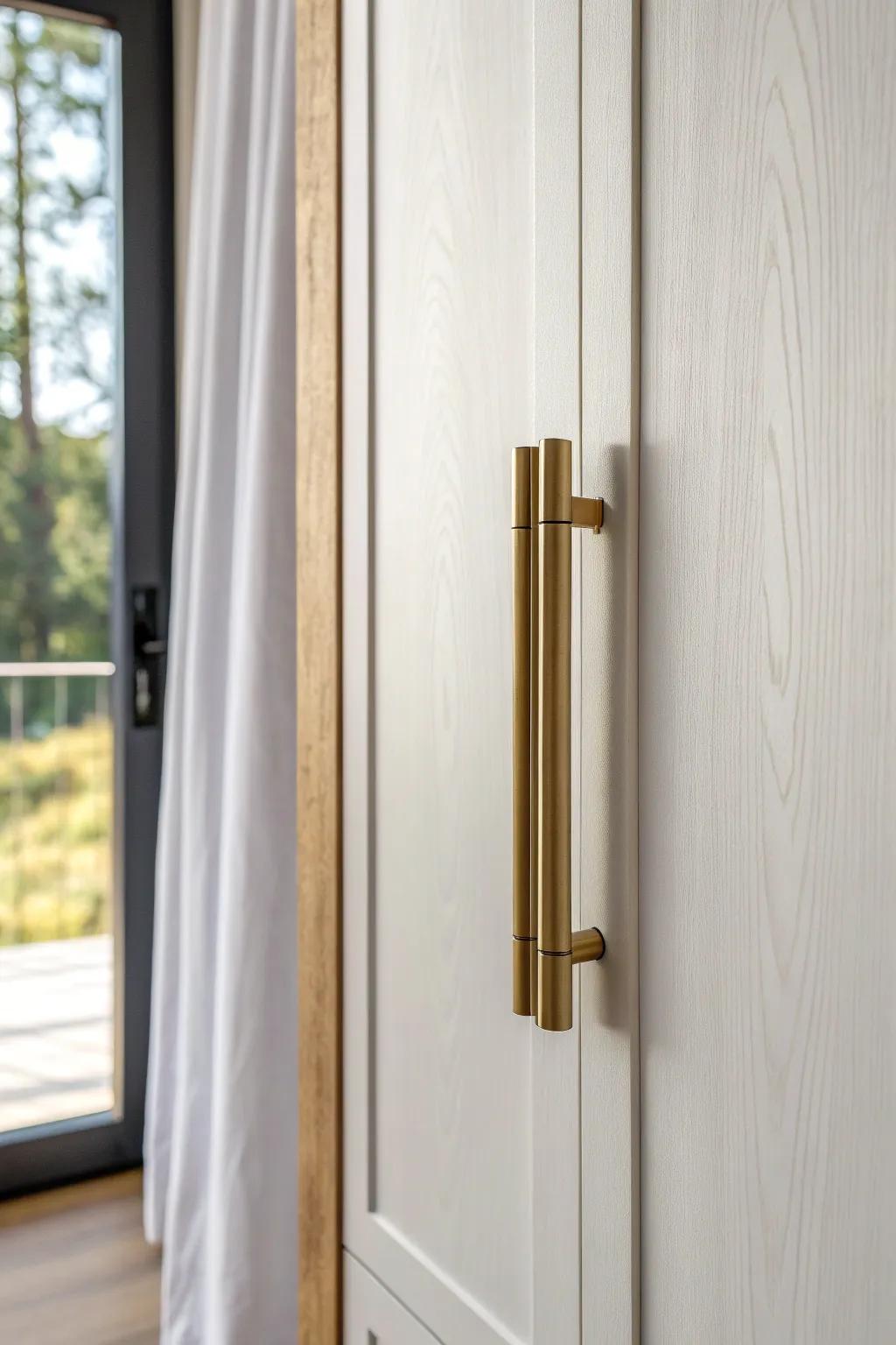 Oversized vertical brass pulls give plain wardrobe doors a sleek, modern edge.