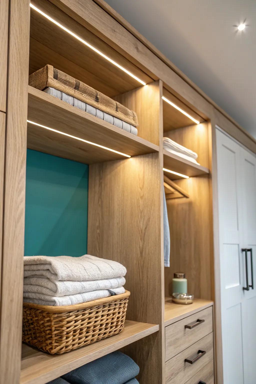 Motion-activated wardrobe lighting turns dark shelves into easy, elegant storage.