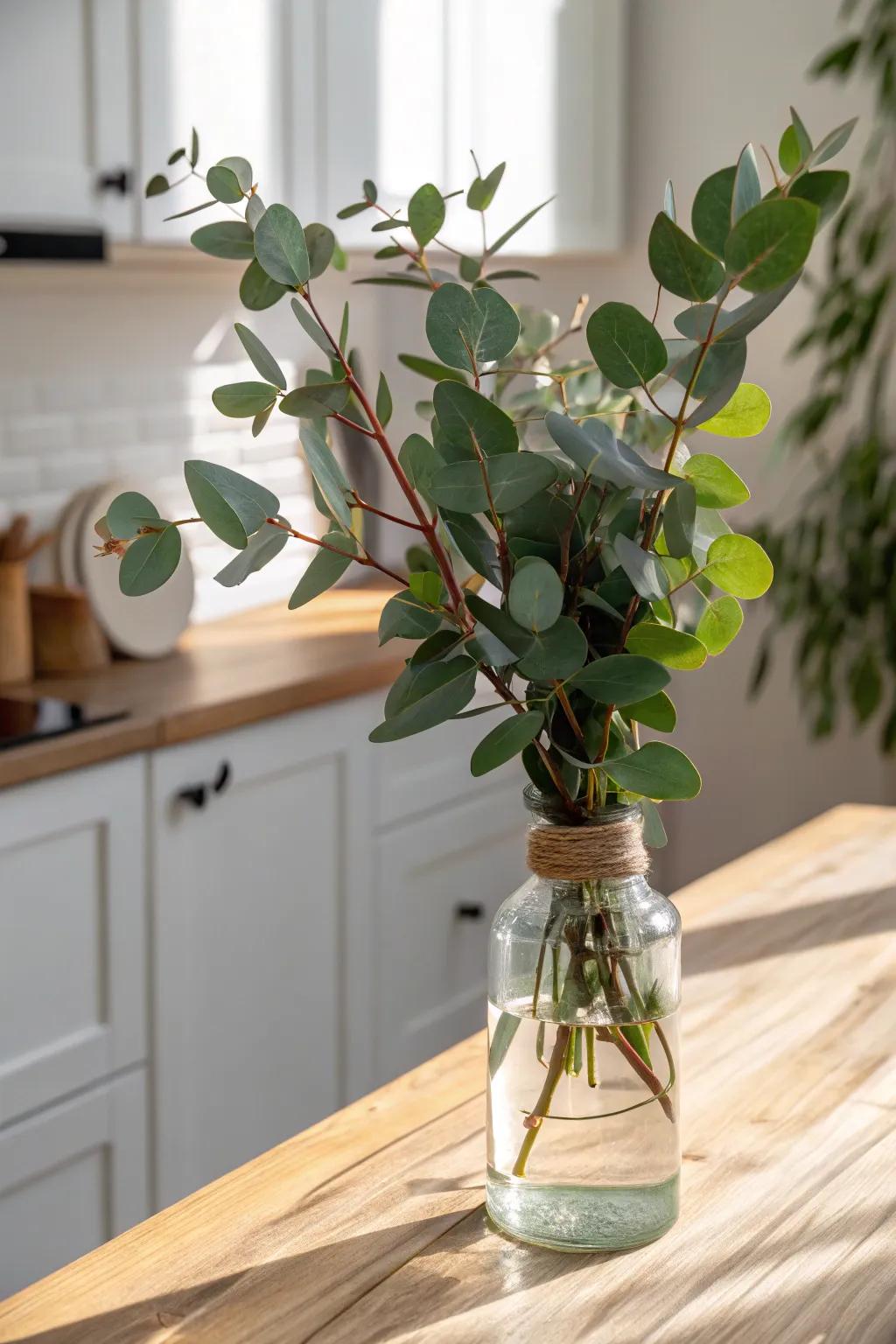 A simple eucalyptus cutting adds a fresh green pop to warm white kitchens and warms up wood tones.