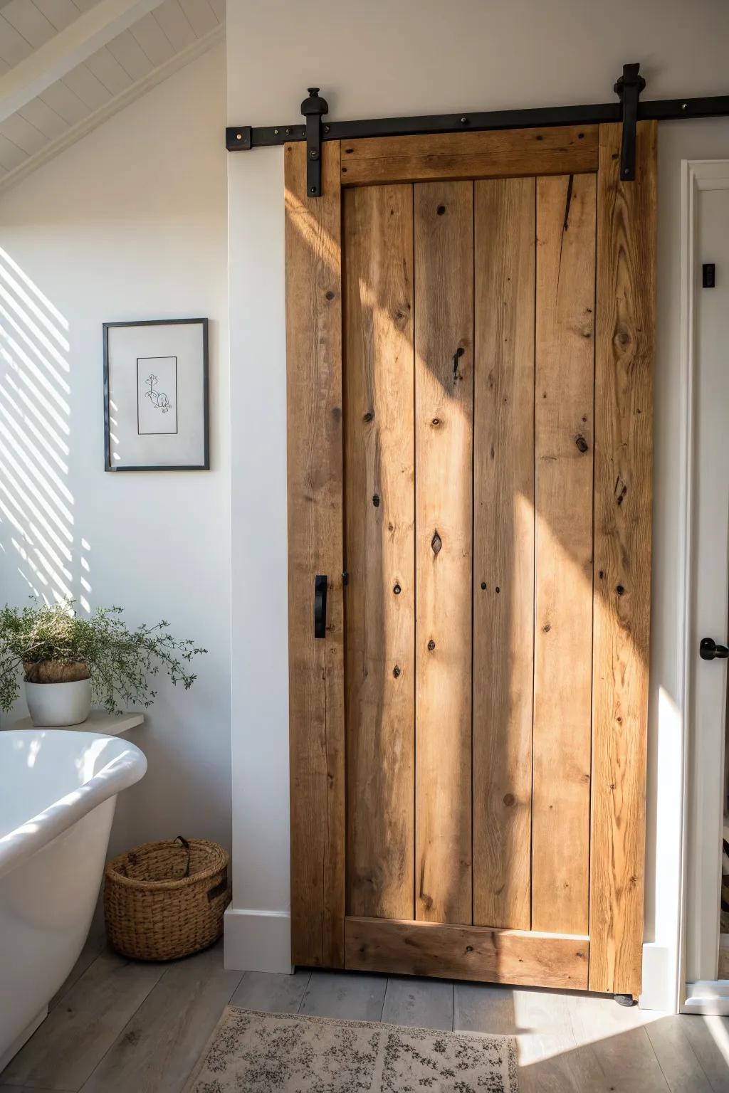 Reclaimed plank door with knots and character—sealed for humidity, warm for a cozy water closet.