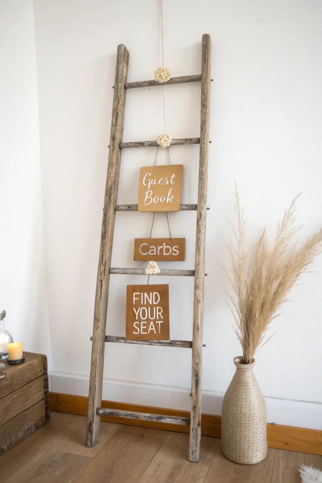 Reclaimed-wood ladder easel with hanging mini signs—minimal, boho, and beautifully crafted.