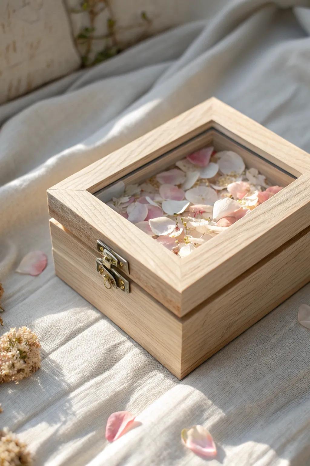 A resin window lid lets bouquet petals float in light—an elegant wedding keepsake box idea.