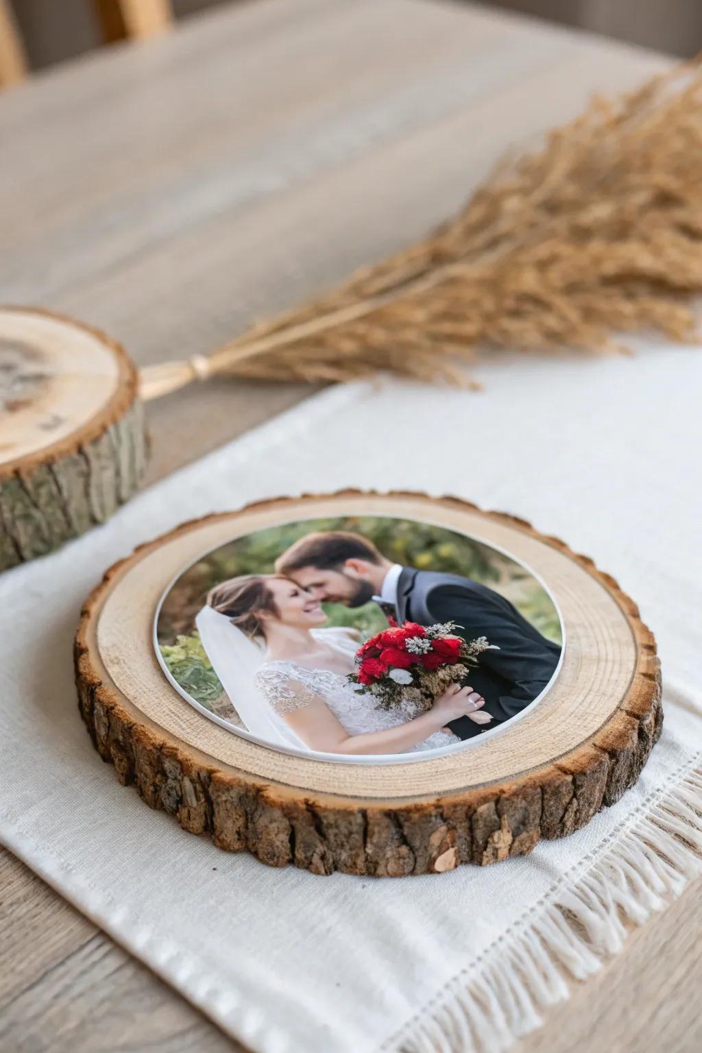 Wood-slice photo coaster favors: style one on the table, then let guests take home a memory.