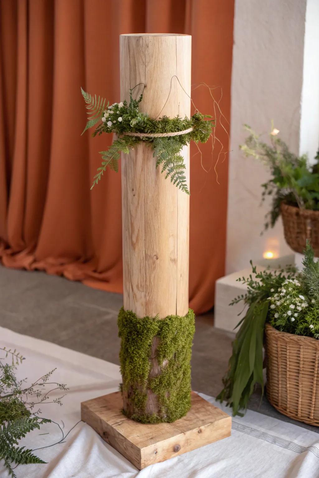 Secret-garden wedding pillar: living moss wrap with delicate fern pockets, clean and modern.
