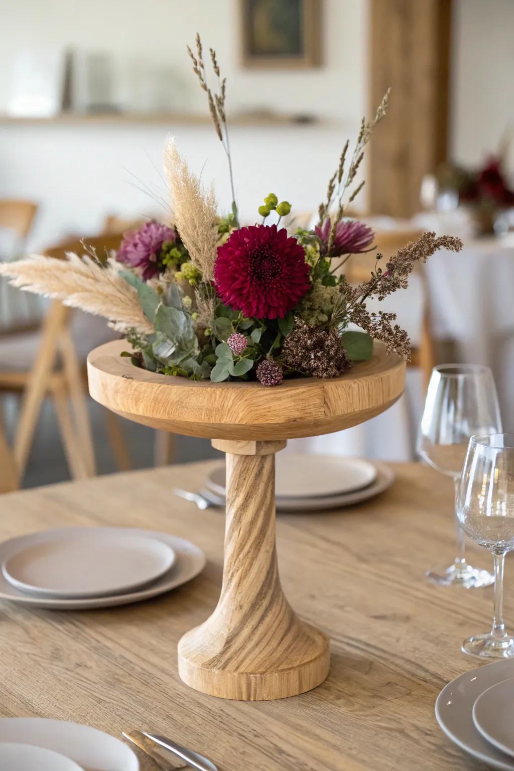 Modern minimal wedding table: pale wood + one bold handcrafted centerpiece for luxe negative space.
