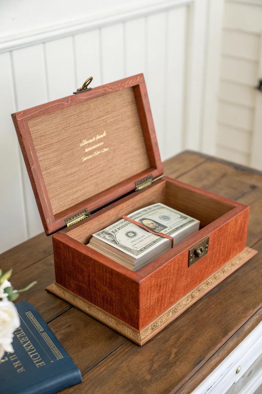 A faux book hides a secure cash box—an elegant, literary wishing well for cards and money.