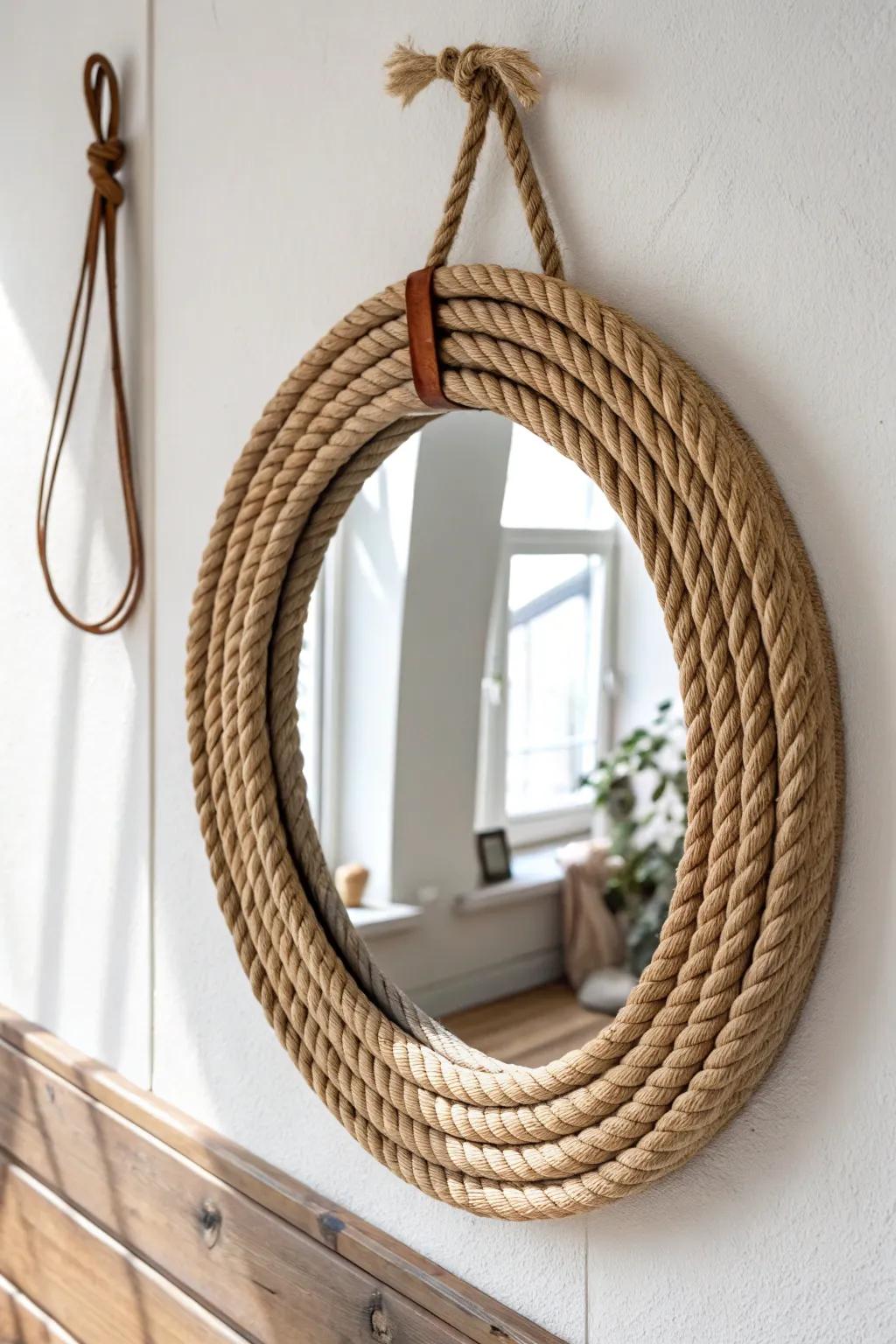 DIY lasso-frame mirror: rugged rope texture meets bright, minimalist western office style.