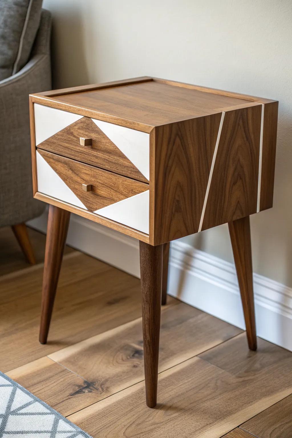 Walnut nightstand with a sleek white resin inlay—modern art warmth in white & brown.
