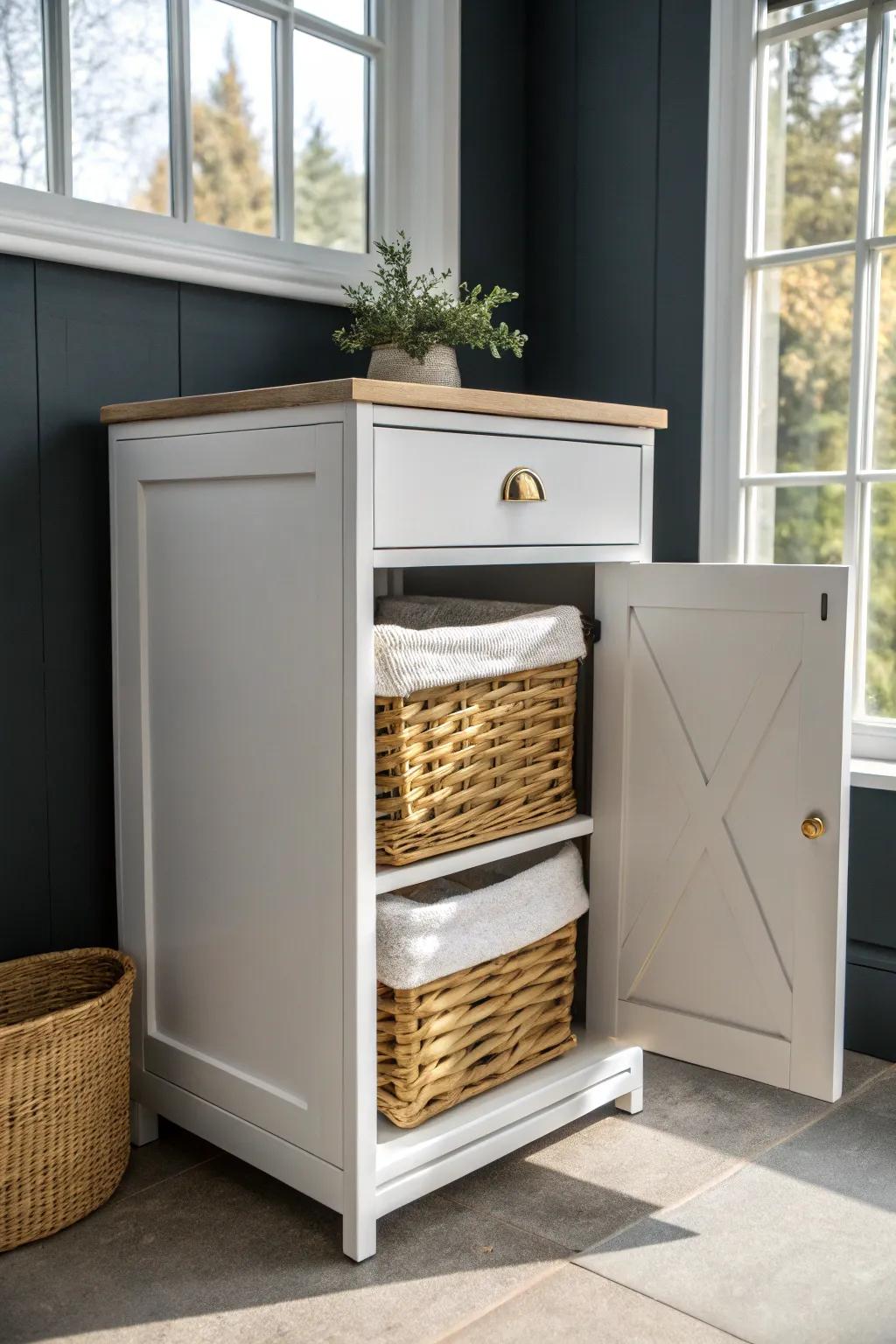 White cabinet, hidden pull-out hamper—keeps your bathroom calm, clean, and beautifully organized.