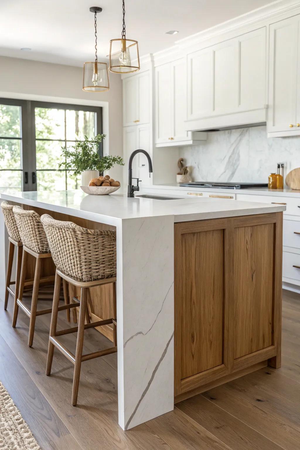 White-on-white countertops meet a stained wood-wrapped island base for warm, crafted contrast.