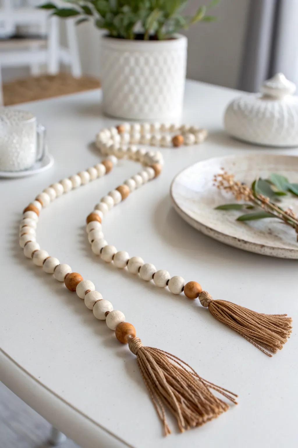Warm up a white table with a draped wood bead garland and rich stained tassels.