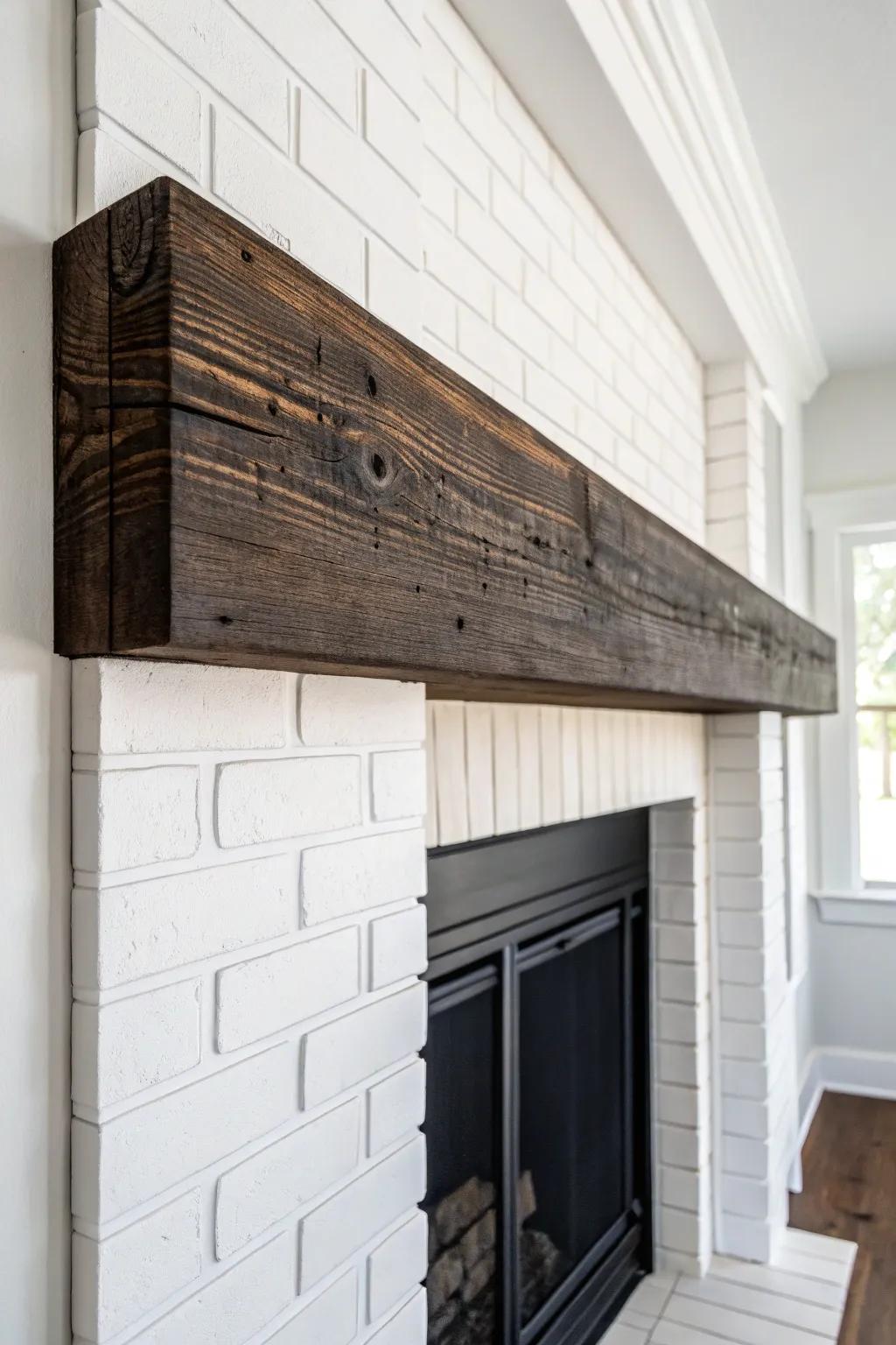 White farmhouse calm meets bold contrast: a lightly charred wood beam mantel steals the show.