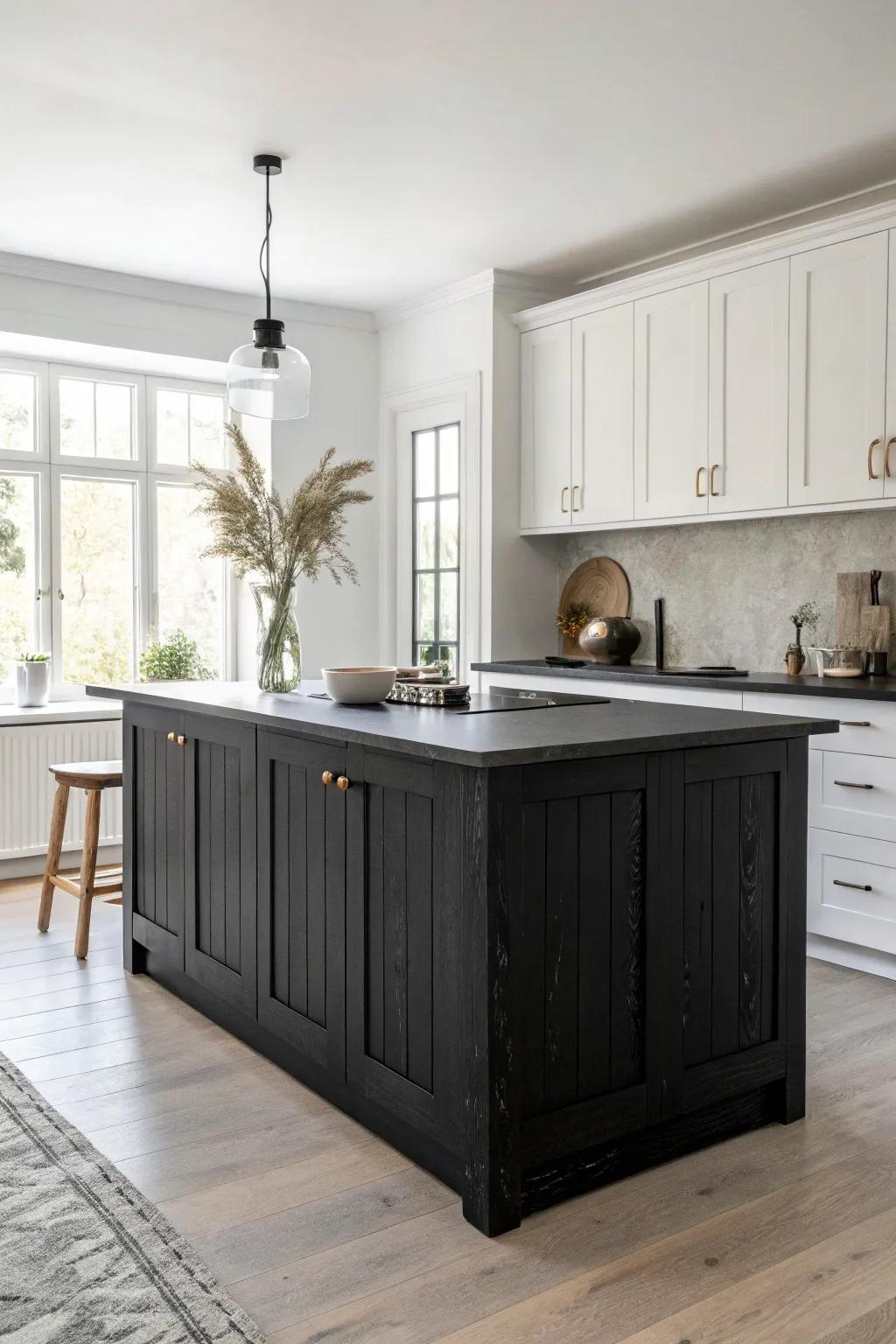 Matte black-on-black island for moody depth—bold contrast and handcrafted warmth in a white kitchen.