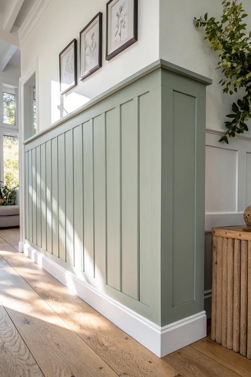 White walls over muted green-gray wainscoting: crisp contrast with a crafted, cozy finish.