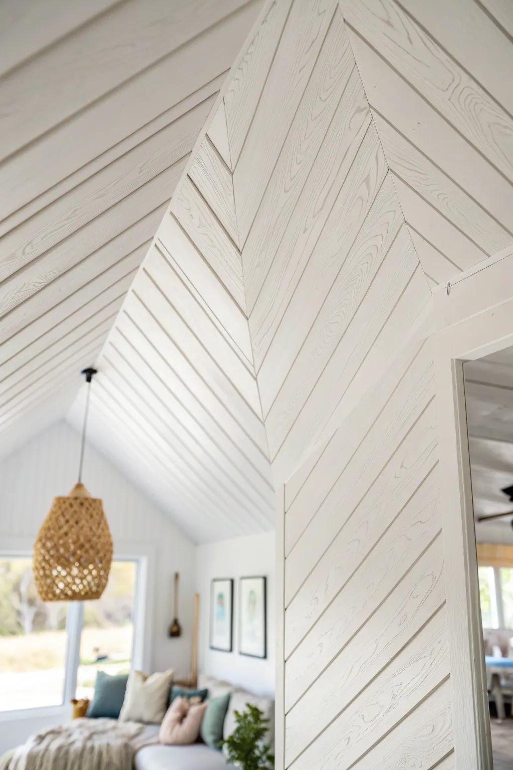 Bright white chevron plank ceiling—airy, bold, and handcrafted for a showpiece reading nook.