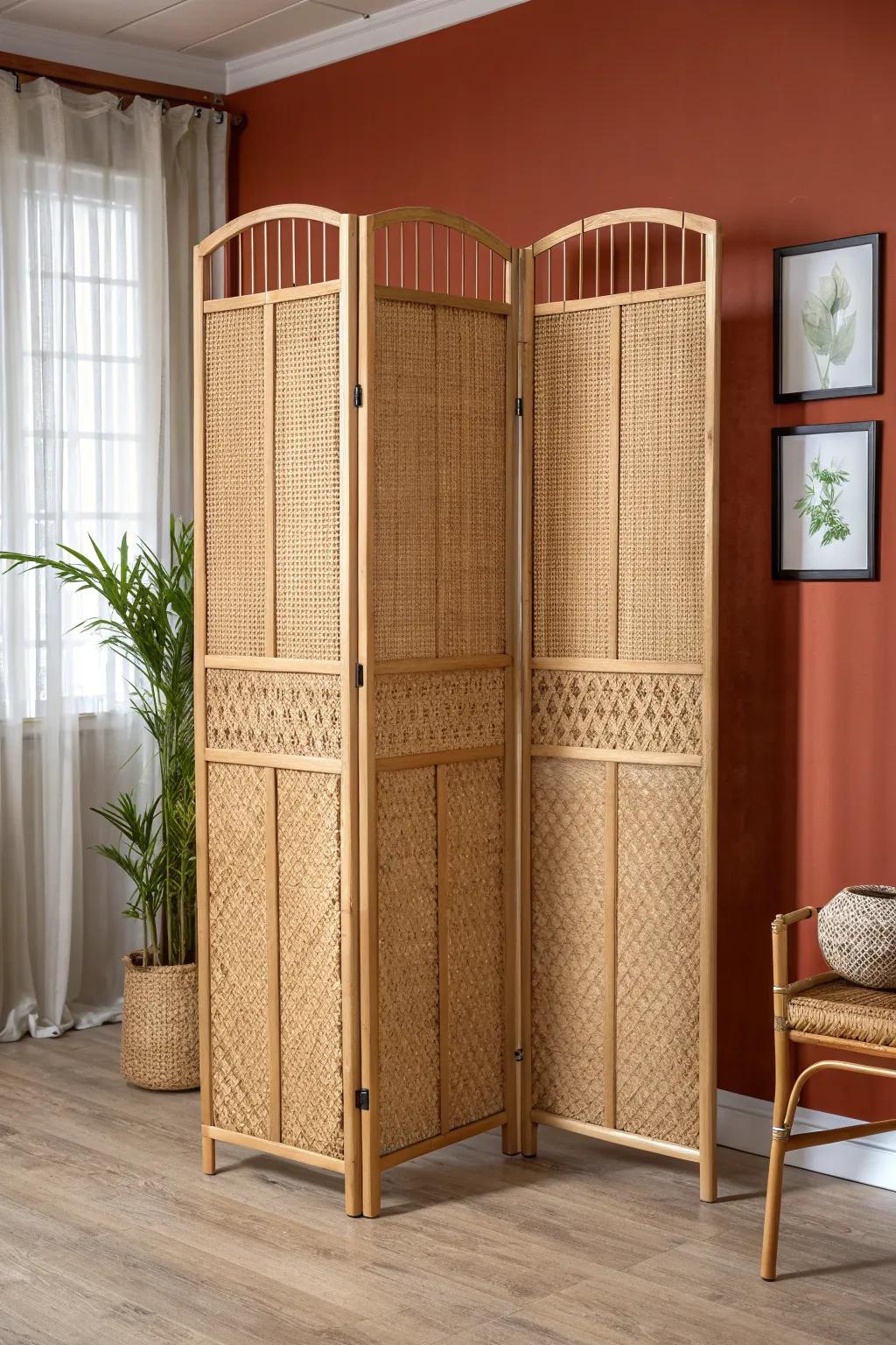Handwoven wicker room divider—soft privacy and instant “styled on purpose” warmth.