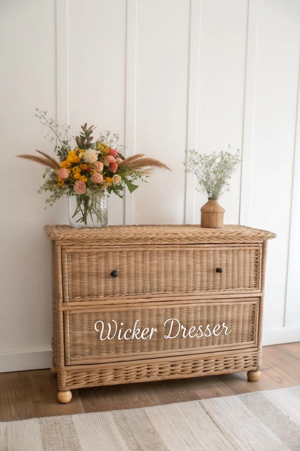 Transform your space with a personalized touch; a monogrammed wicker dresser that marries minimalism with a hint of boho flair.