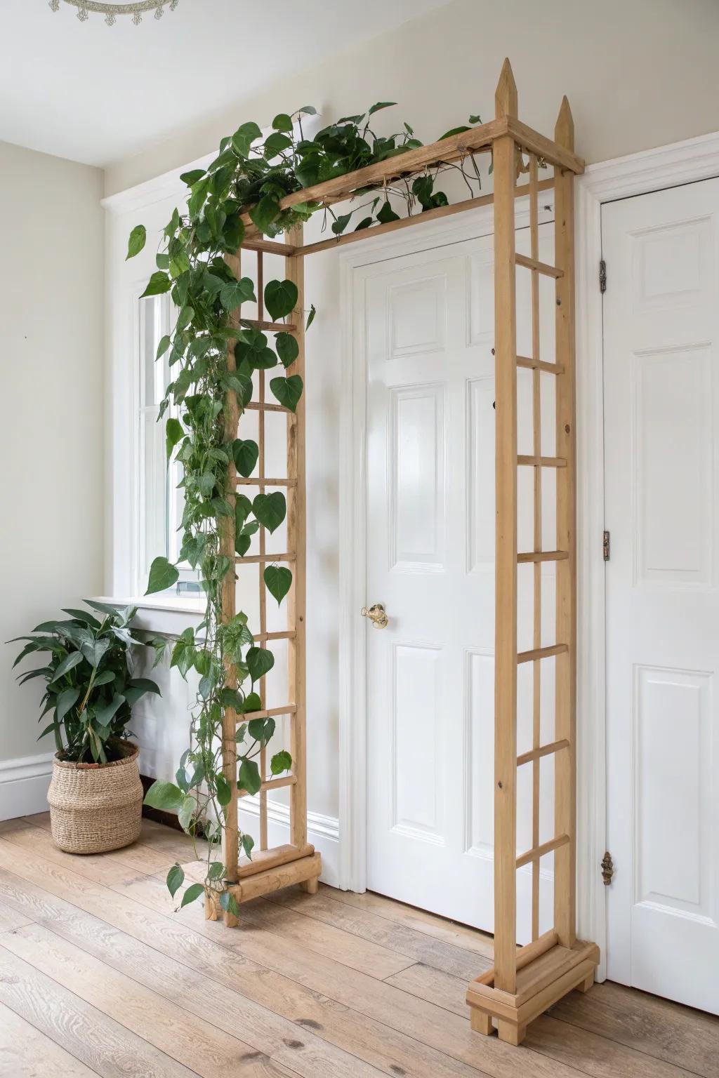 A slim oak trellis turns a wide doorway into a living arch of trailing green.