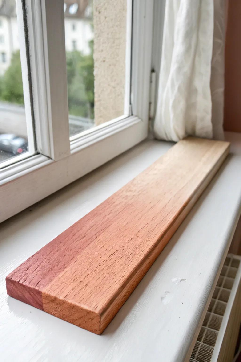 Ombre window sill paint: bold terracotta corners fading to a soft blush center.