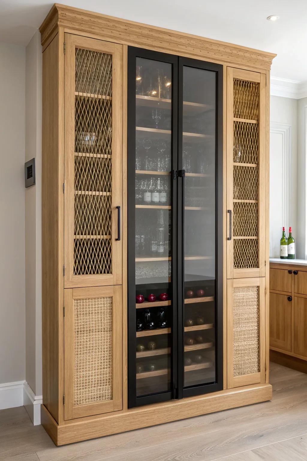 A built-in wine cabinet wall that frames the fridge—clean symmetry, warm oak, bold contrast.
