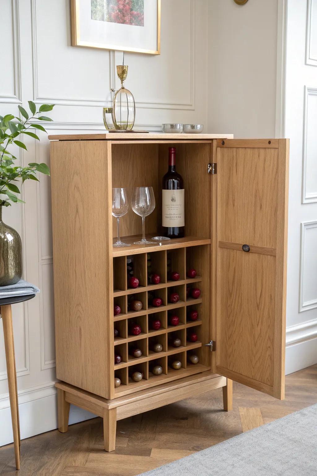 Flip-down wine cabinet door becomes a mini serving shelf—sleek oak craftsmanship with brass stays.