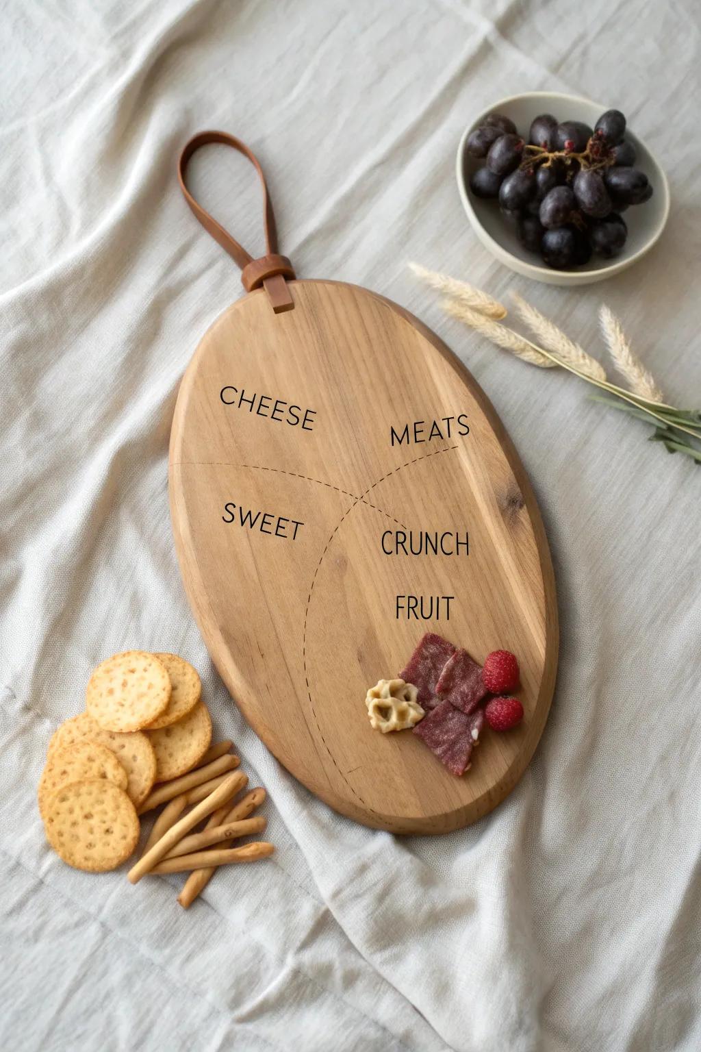 A wood-burned wine pairing map board—minimal, beautiful, and made for build-your-bite snacking.